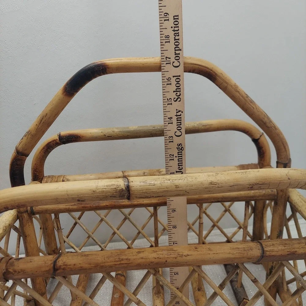 Vintage Bamboo Magazine Rack Rattan Book Caddy Boho MCM Storage Basket Handle